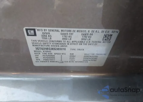 2014 GMC Sierra 1500 Slt z USA, uszkodzony, nr VIN 3GTU2VEC0EG383016